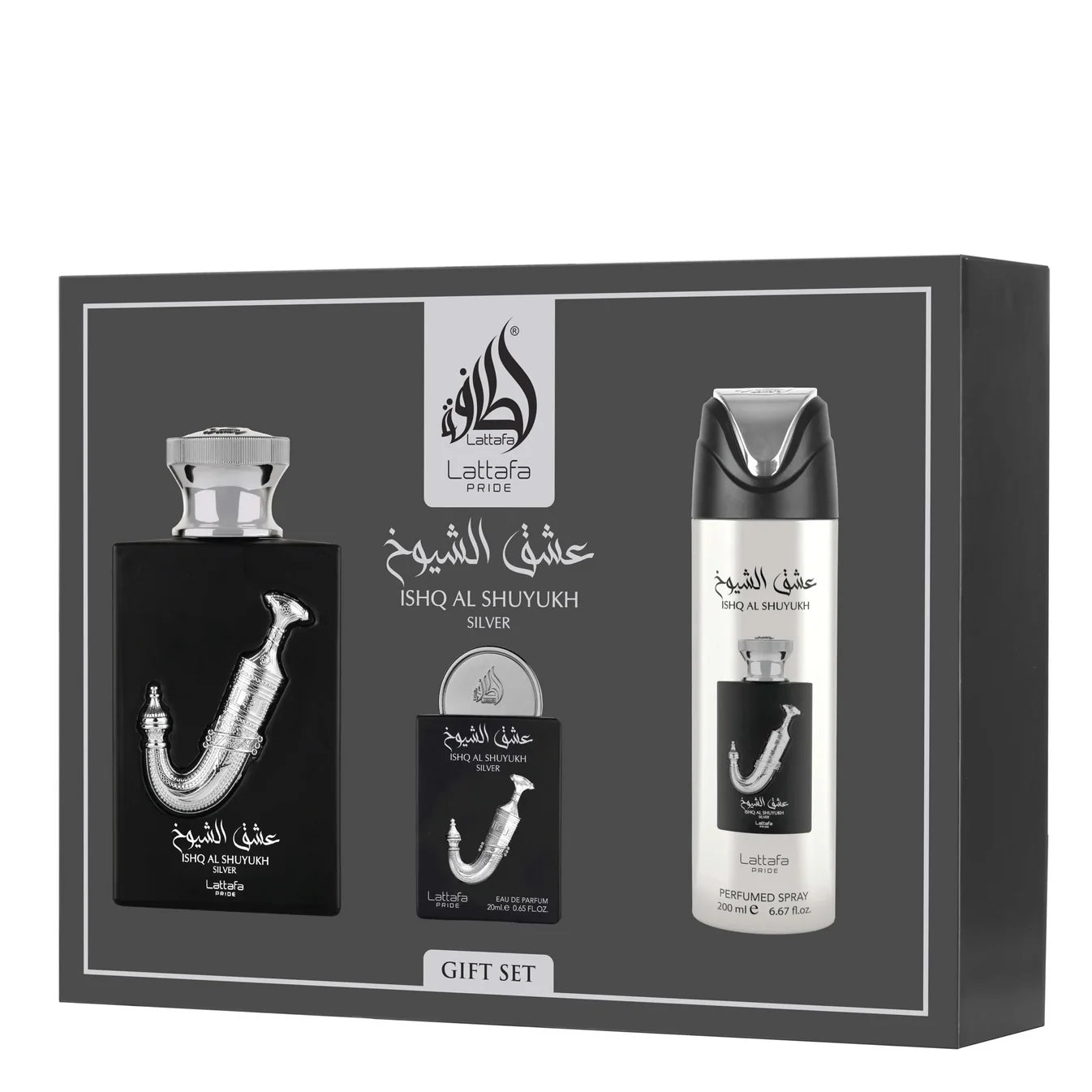 Lattafa Pride Ishq Al Shuyukh Silver 3 Piece Gift Set